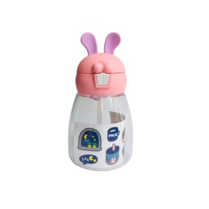Bình nước cho bé tai thỏ dễ thương ống hút nắp bật kèm sticker 550ml - bình