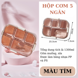 [Quà cho khách tích điểm FB] Hộp cơm 5 ngăn nắp nhựa cứng 6822-1 - Tím