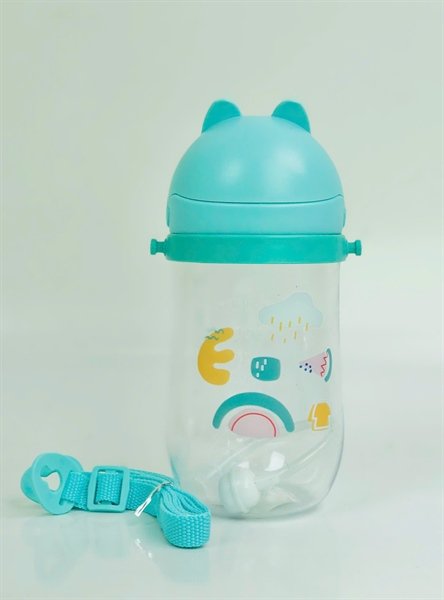 Bình tập uống cho bé kèm dây đeo 350ml ống hút 360 độ hình họa tiết dễ thương