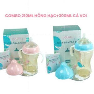 COMBO 2 Bình Sữa Loluli Cổ Rộng Hạc Hồng 210ml & Cá voi xanh 300ml