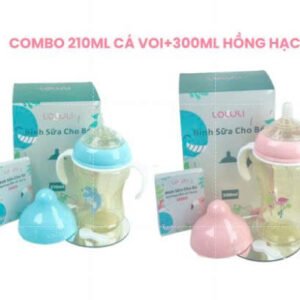 COMBO 2 Bình Sữa Loluli Cổ Rộng Cá voi xanh 210ml & Hạc hồng 300ml