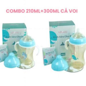 COMBO 2 Bình Sữa Loluli Cổ Rộng Cá Voi Xanh 210ml & 300ml